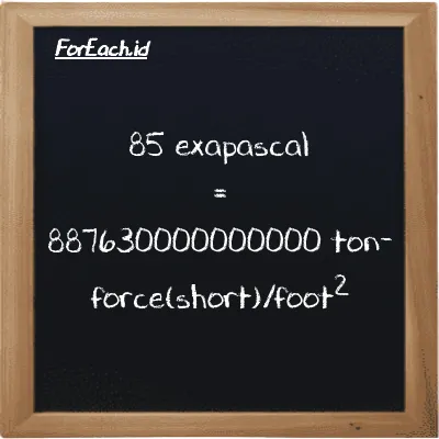 85 exapascal is equivalent to 887630000000000 ton-force(short)/foot<sup>2</sup> (85 EPa is equivalent to 887630000000000 tf/ft<sup>2</sup>)